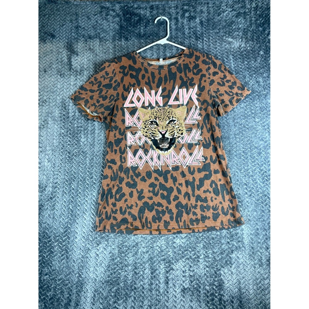 Tiger Long Live Rock N Roll T-Shirt Womens S Brown Black Animal Print Crew Neck